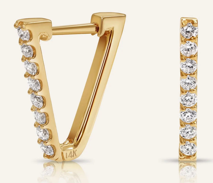 14K Solid Gold V-Shape Huggie Hoop Diamond Earring Custom