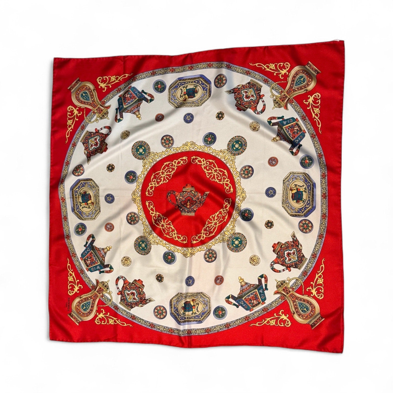 Hermès “Théières” Teapots Silk Scarf – Red Porcelain Print – Cathy Latham – 90 cm Hermès