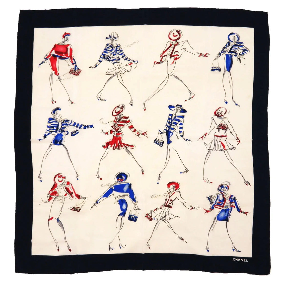 Chanel Coco Silk Beige Navy Scarf CHANEL