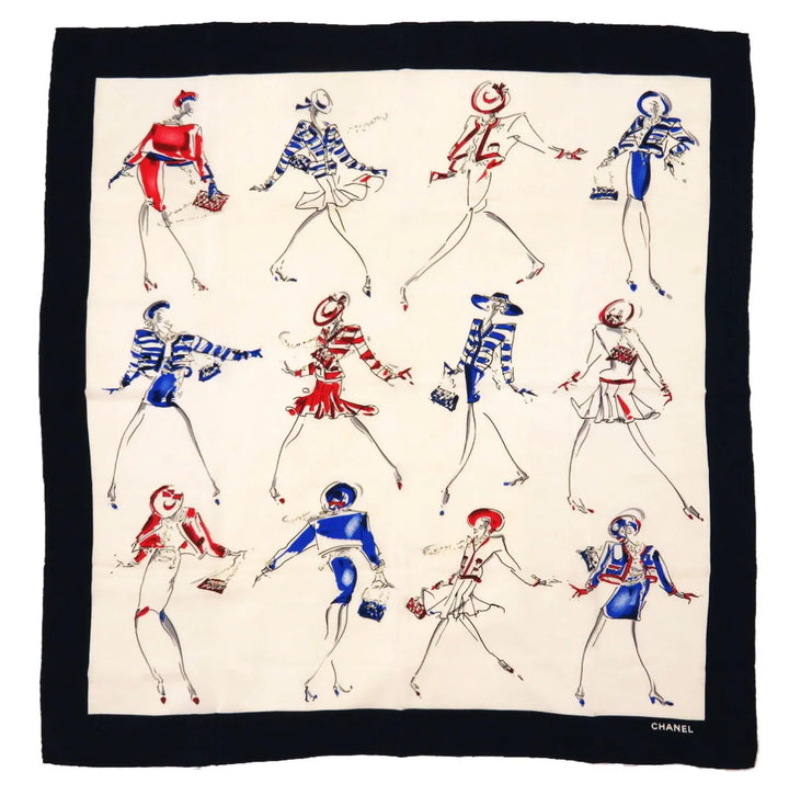 Chanel Coco Silk Beige Navy Scarf CHANEL