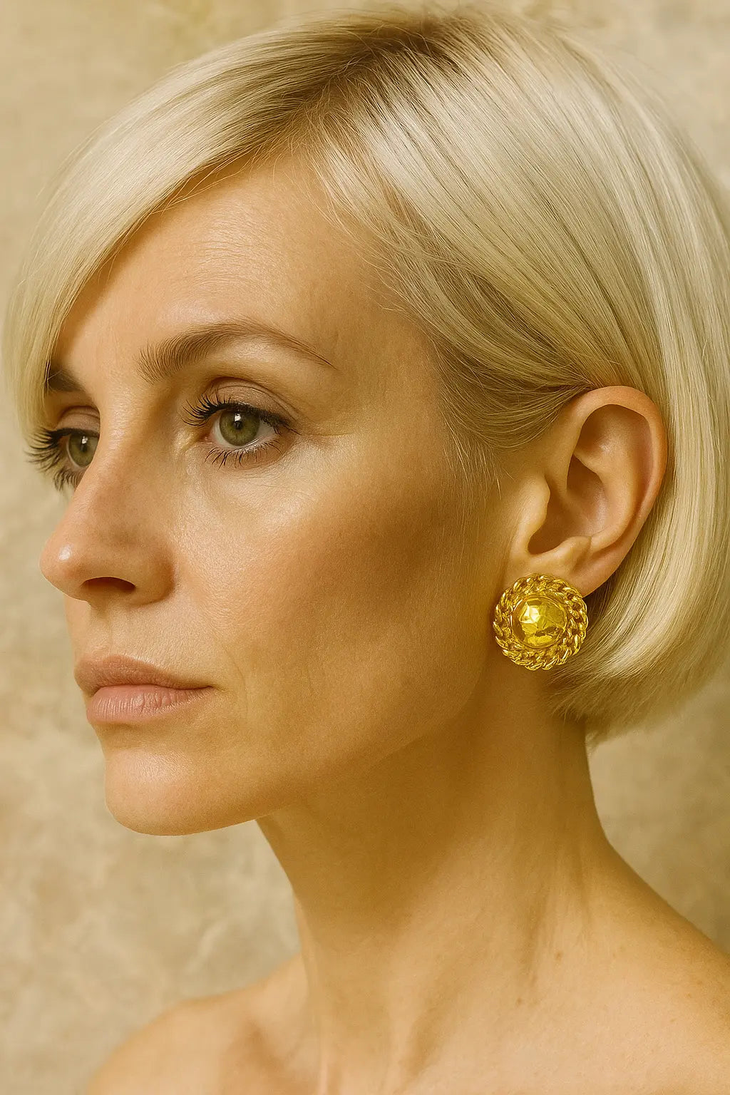 CHANEL Gold Chain Link CC Round Stud Button Earrings CHANEL