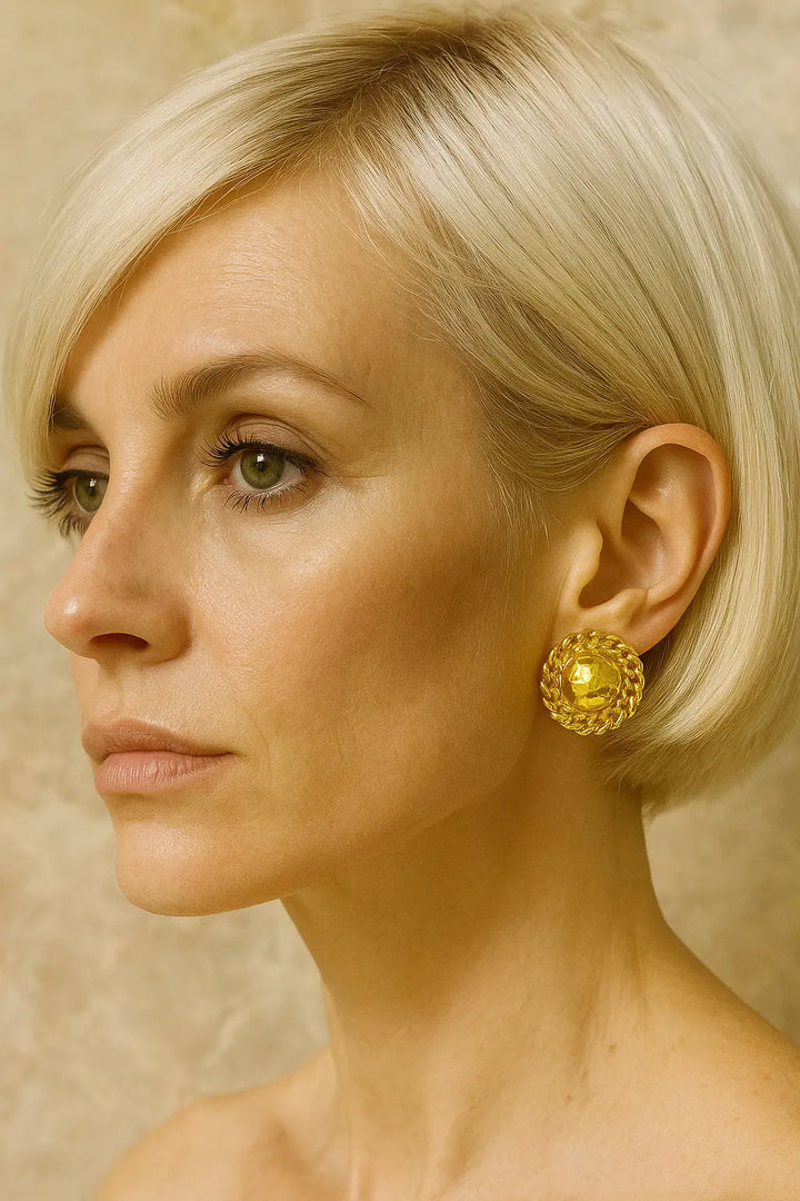 CHANEL Gold Chain Link CC Round Stud Button Earrings CHANEL