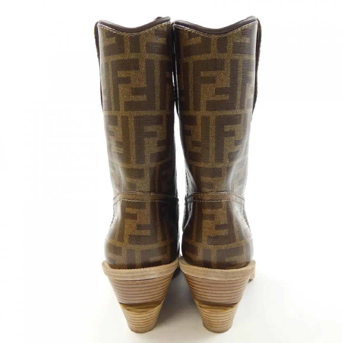 FENDI  Brown FF Logo Coated Canvas Wooden Heel Ankle Boots - Vault No9