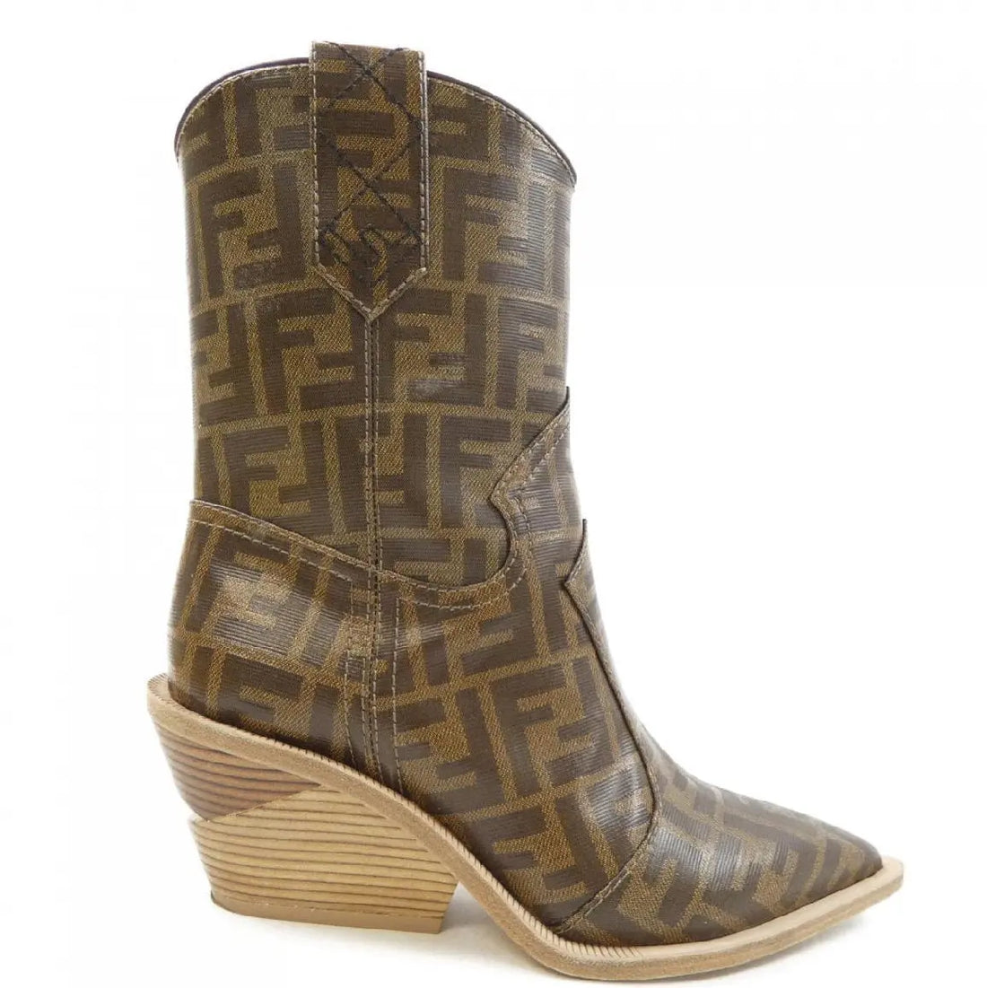 FENDI  Brown FF Logo Coated Canvas Wooden Heel Ankle Boots - Vault No9