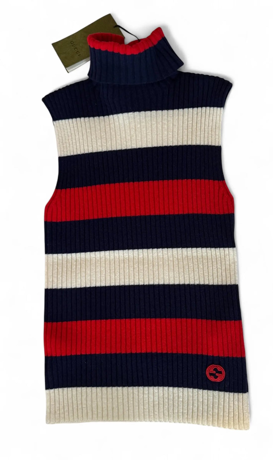 Gucci Sleeveless Ribbed Knit Mock Neck Top – Red, White & Navy Stripes Gucci