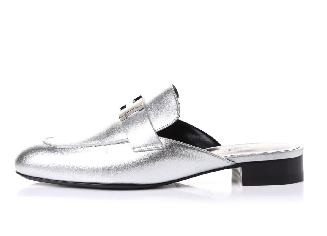 Hermes Metallic Nappa Trocadero Mule 39 Gris Argento Hermes