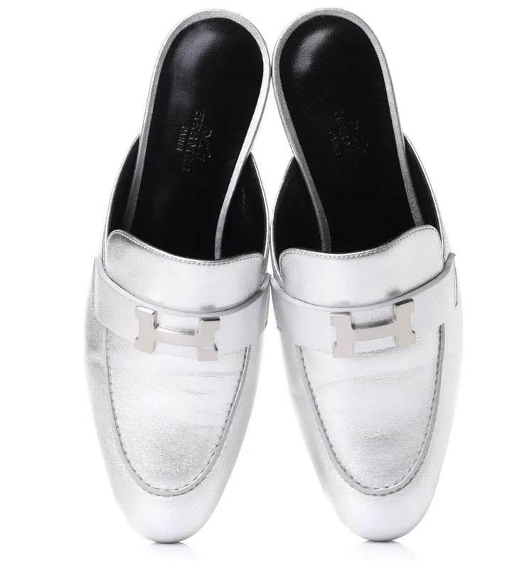 Hermes Metallic Nappa Trocadero Mule 39 Gris Argento Hermes