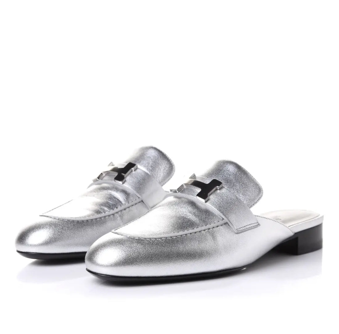 Hermes Metallic Nappa Trocadero Mule 39 Gris Argento Hermes
