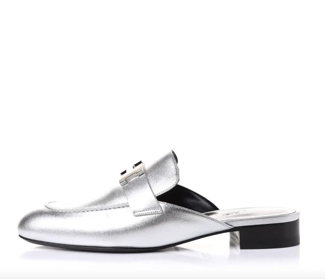 Hermes Metallic Nappa Trocadero Mule 39 Gris Argento Hermes
