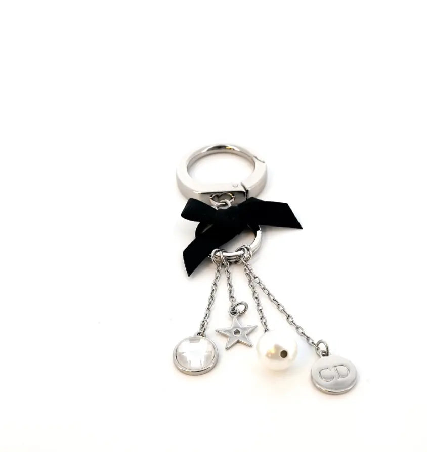 Christian Dior Silver Charm Key Ring with Bow & Pearl DIOR