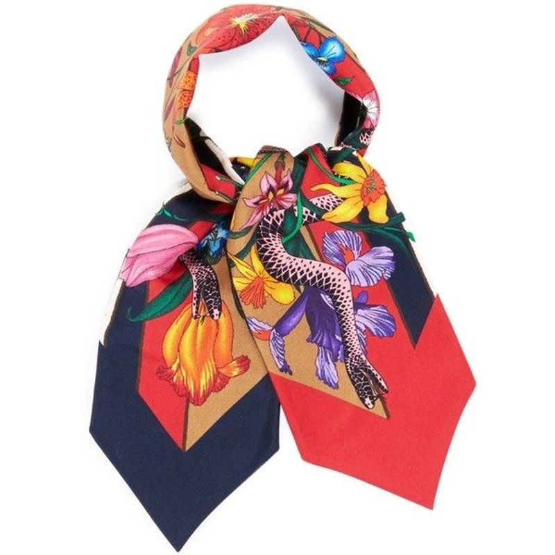 Gucci Silk Flora Snake Twill Neck Bow Scarf in Red & Blue – With Box Gucci